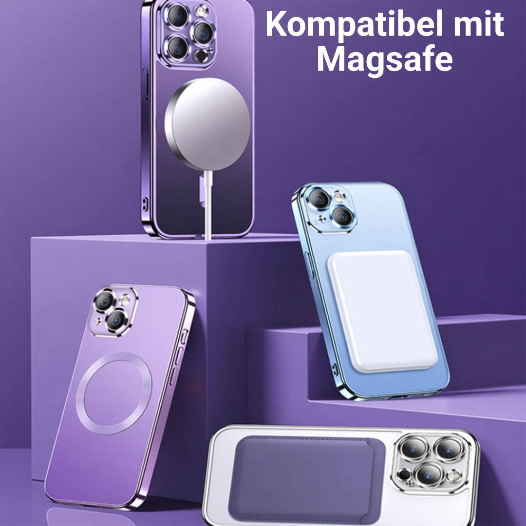 Drei iPhone-Hüllen in Lila und Hellblau mit MagSafe-Ring, kombiniert mit Ladekabel, Powerbank und Kartenhalter