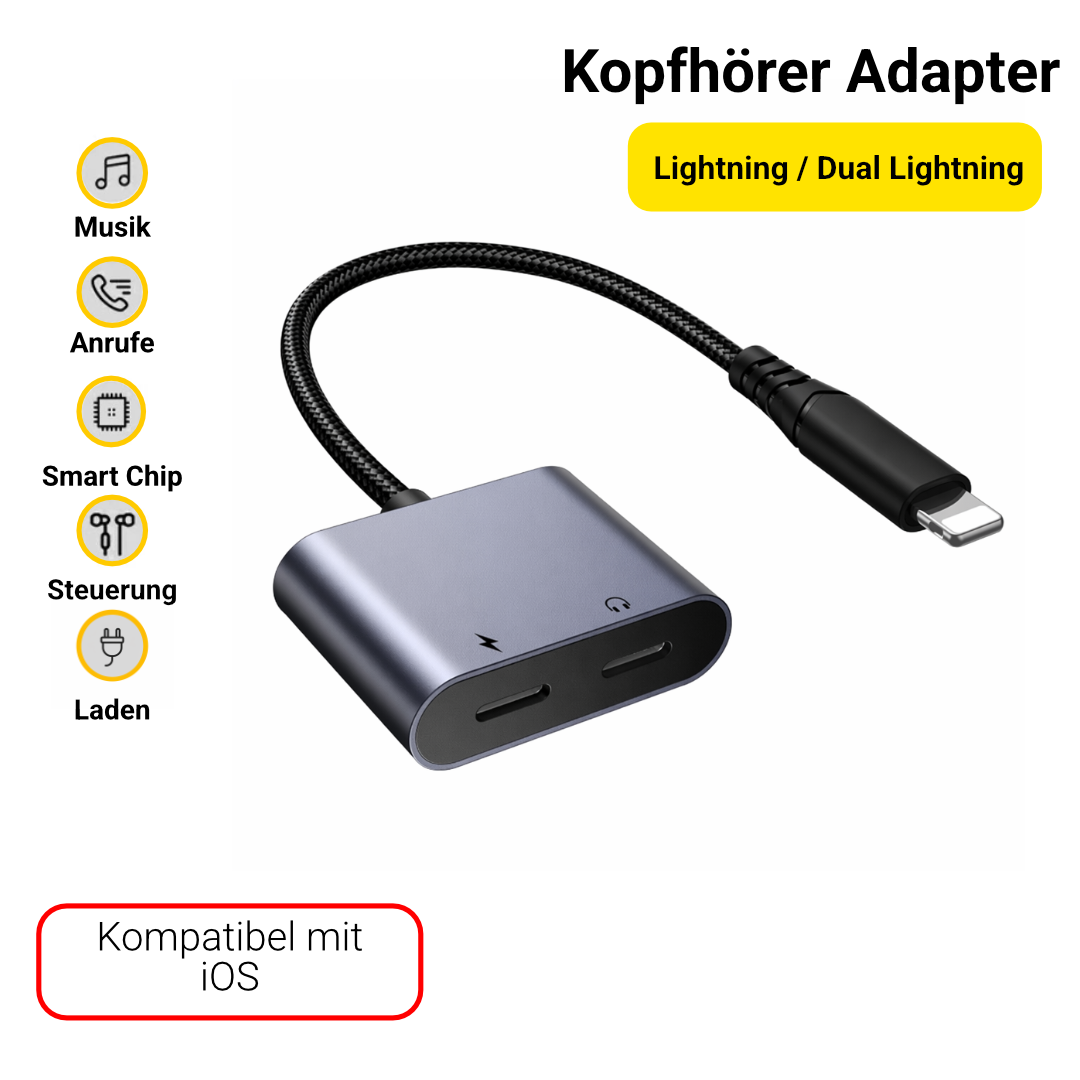 2-in-1 Audio-Adapter mit Ladefunktion – USB-C / Lightning / Klinke