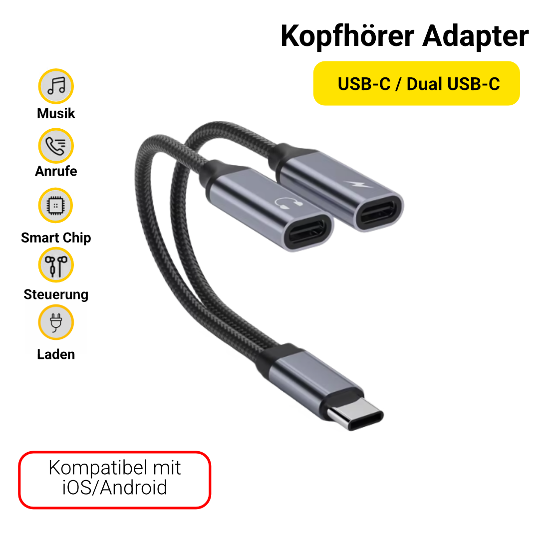 2-in-1 Audio-Adapter mit Ladefunktion – USB-C / Lightning / Klinke