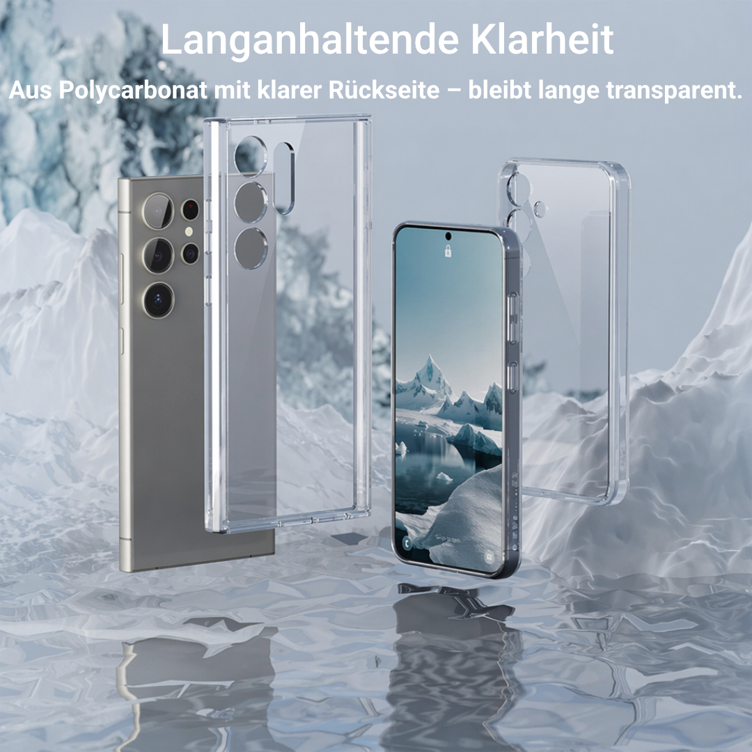 Transparente Polycarbonat-Hülle in Einzel- und aufgeklappter Ansicht, klare Rückseite vor Eisberg-Hintergrund