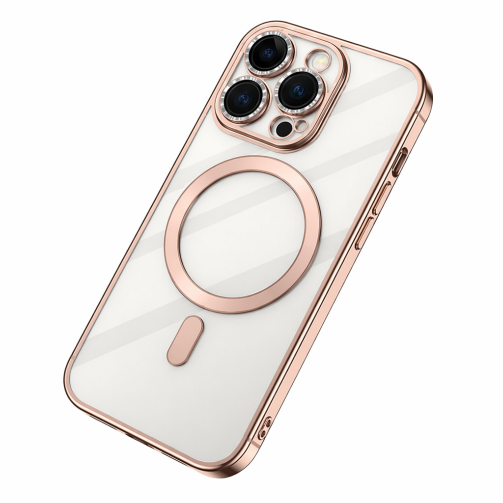 Transparente iPhone-Hülle mit roségoldenem Rahmen, MagSafe-Ring und erhöhtem Dreilinsenschutz, schräge Rückansicht