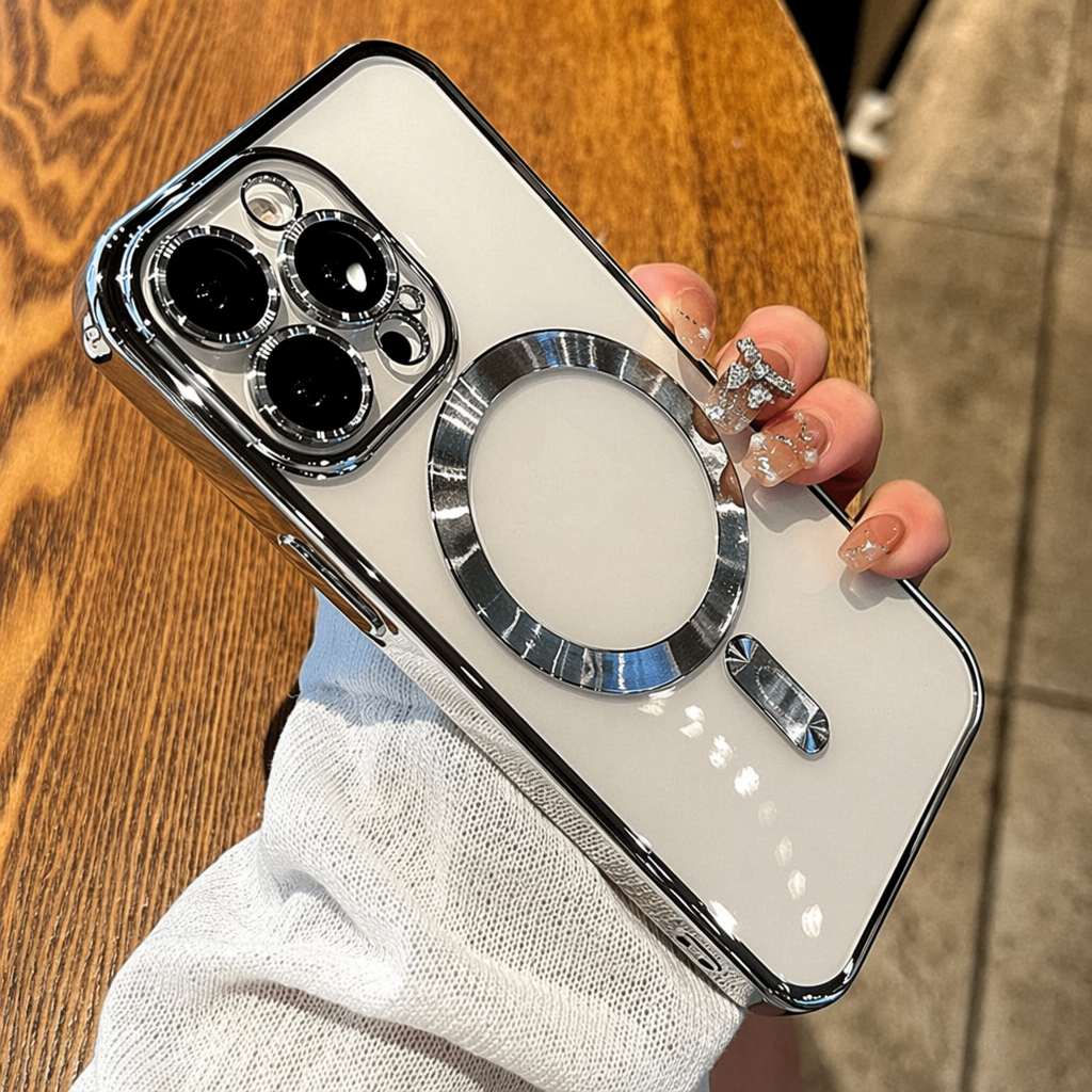 Transparente iPhone-Hülle mit silbernem Rahmen und MagSafe-Ring, silberner Kameraschutz, von Hand gehalten