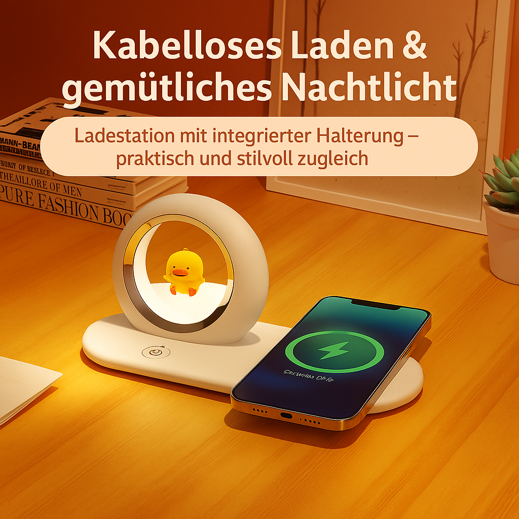 3-in-1 Wireless LED Lamp with Charging Function – Night Light &amp; Mobile Phone Charging Station in Stylish Design (White / Pink)