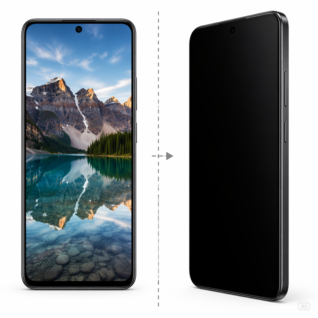 Smartphone-Display von vorne mit klarem Bergpanorama, seitlich komplett schwarz abgedunkelt – Anti-Spy-Effekt des Privacy-Pan