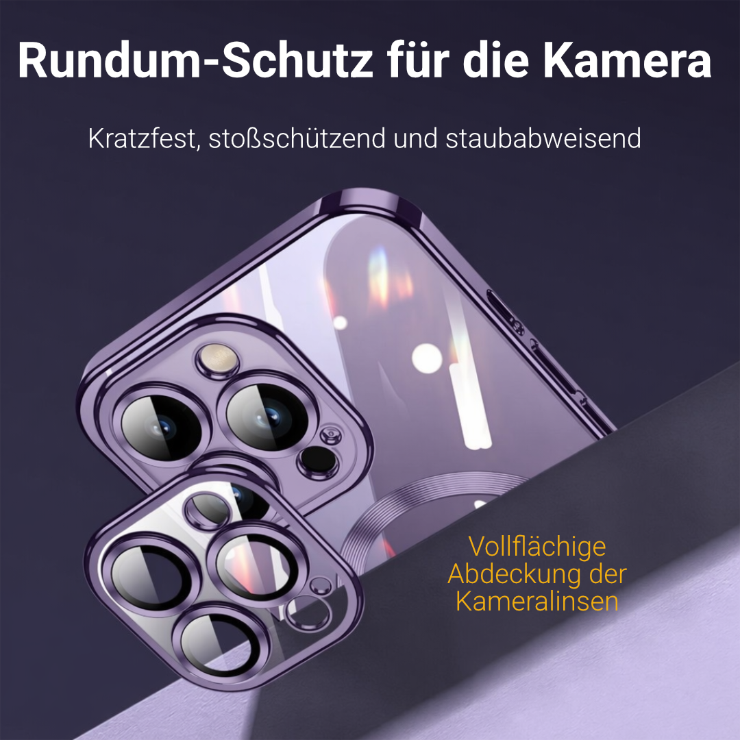 Lila iPhone-Hülle mit vollflächigem Kameraschutz – Detailaufnahme der Linsenabdeckung, kratzfest und stoßschützend