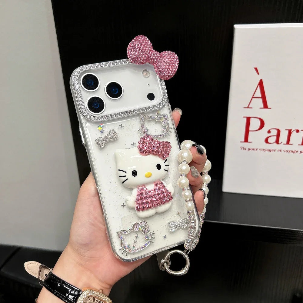 3D Kawaii Katzen Hülle iPhone 17 16 15 14 13 12 Glitzer Schleife Cute