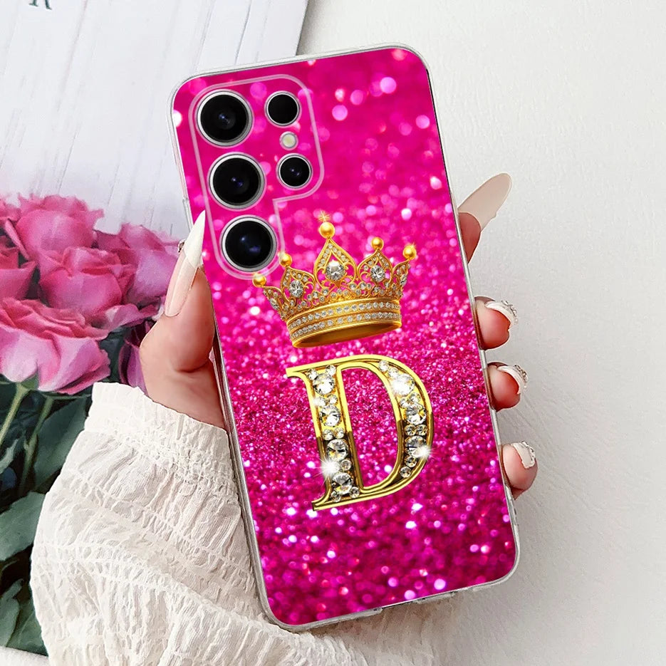 Für Samsung Galaxy S25 Hülle – Buchstaben Krone Glitzer Design · D – Schwarz