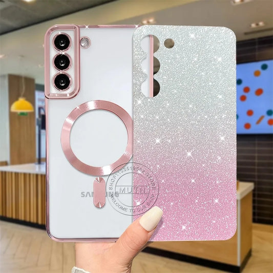 Glitzer Magnet-Hülle mit Kameraschutz – Transparent, Kabelloses Laden