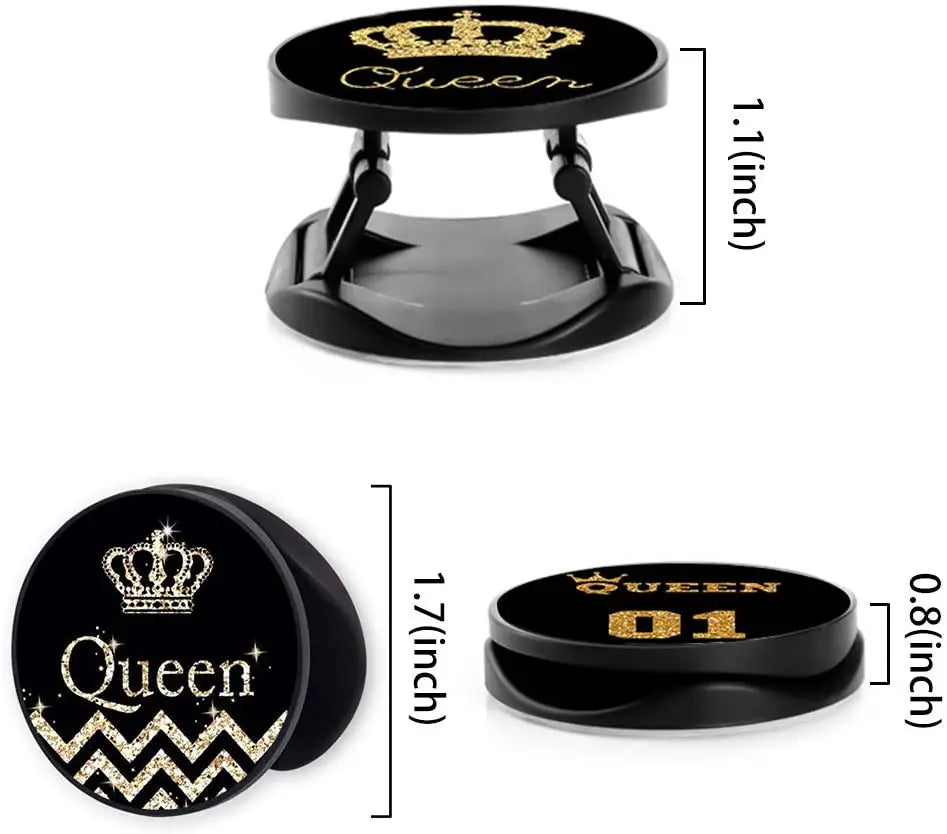 Maßzeichnung schwarzer Pop-Up Handyring mit goldener Krone und Queen-Schriftzug; drei Ansichten mit Zollmaßen 1,1 × 1,7 × 0,8