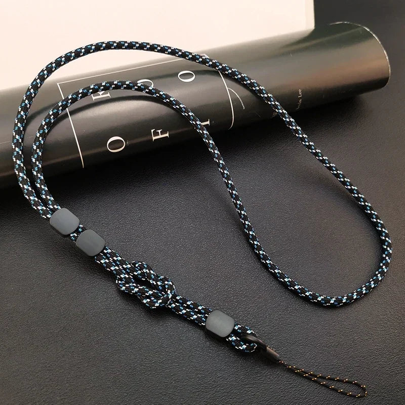 Dunkelblau-camouflage gemustertes Handy-Nackenband, geflochtenes Seil mit schwarzen Stopper-Perlen und Verstellknoten
