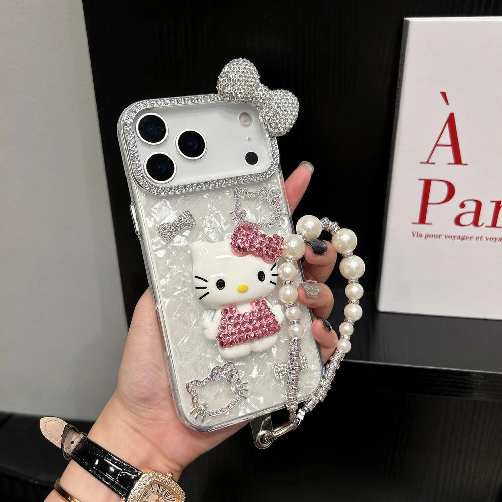 3D Kawaii Katzen Hülle iPhone 17 16 15 14 13 12 Glitzer Schleife Cute