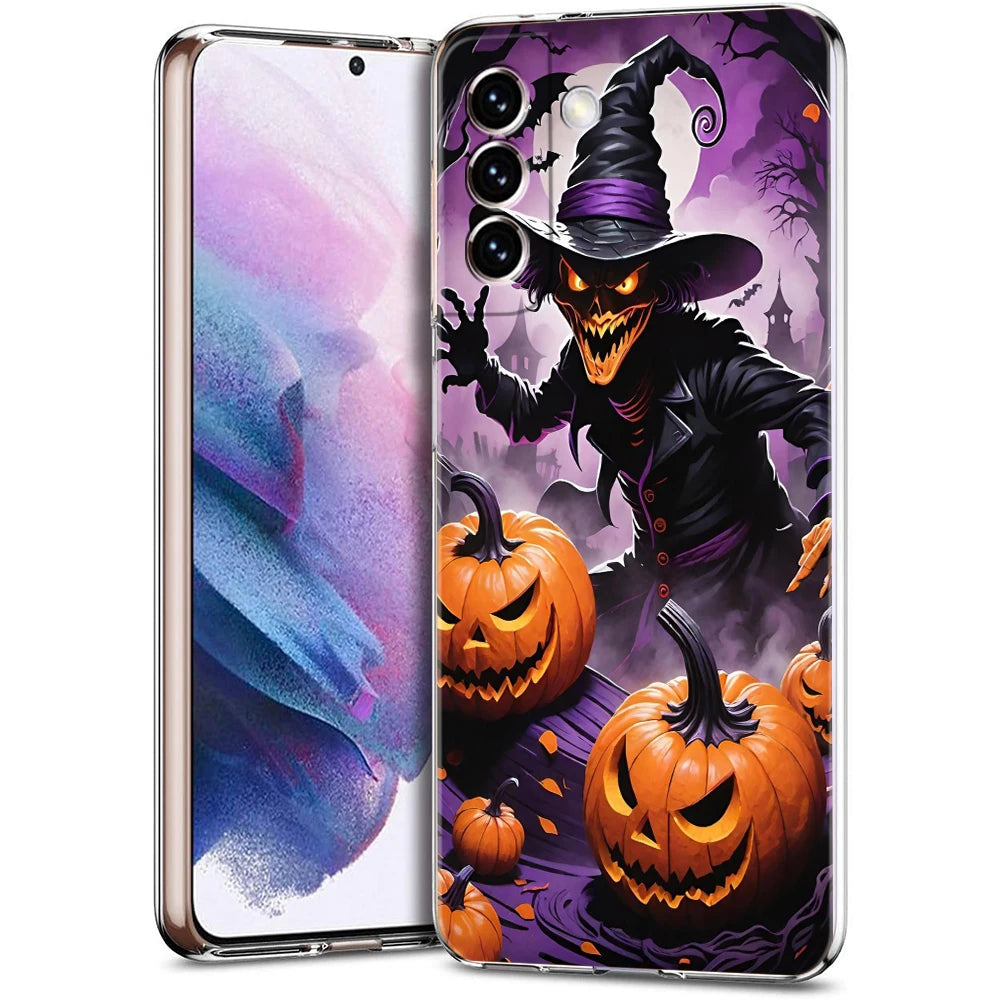 Transparente TPU-Hülle für Samsung Galaxy mit Halloween-Motiv: böse Hexe mit Hut und gruselige Kürbisse auf lila Hintergrund