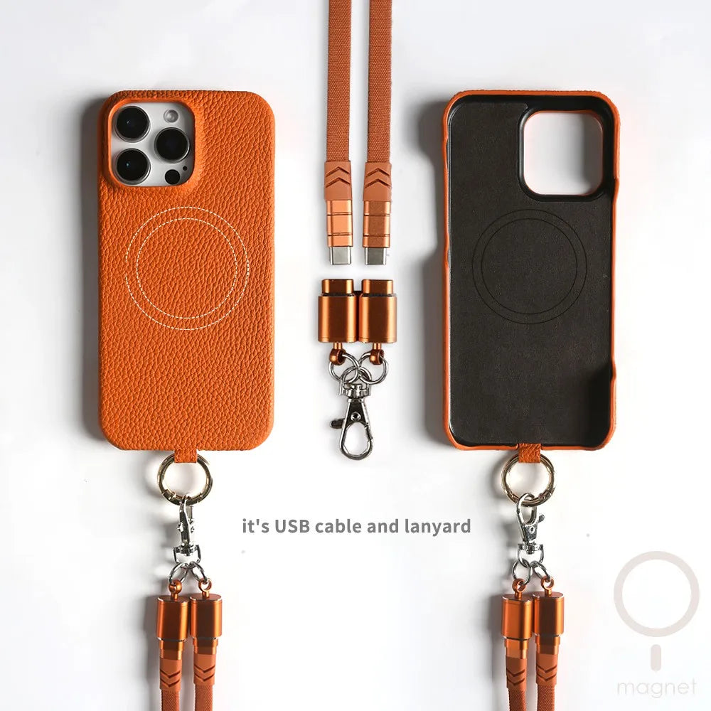 Echtleder Handyhülle mit USB-Ladekabel-Lanyard – Handgefertigt, Premium
