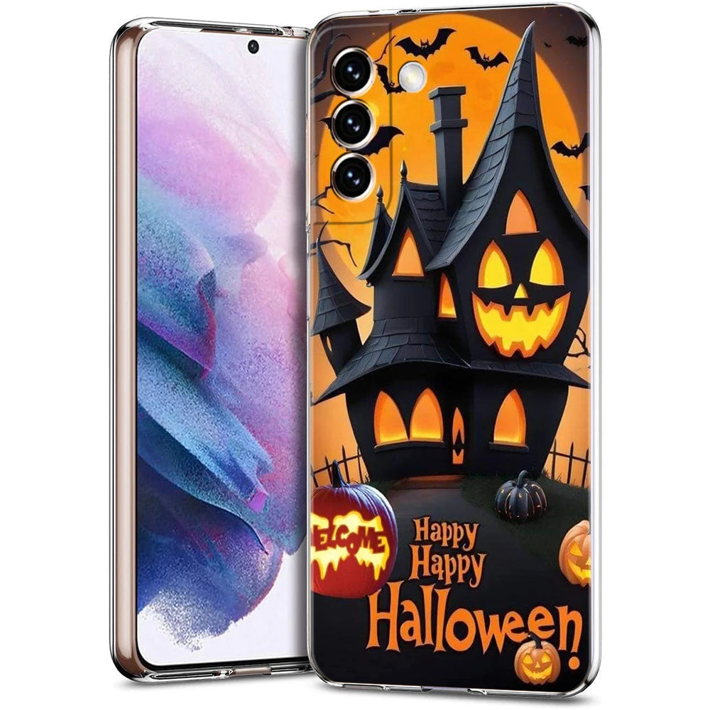 Transparente Samsung Galaxy TPU-Hülle, oranges Motiv mit schwarzem Spukhaus, Fledermäusen und Schriftzug Happy Halloween