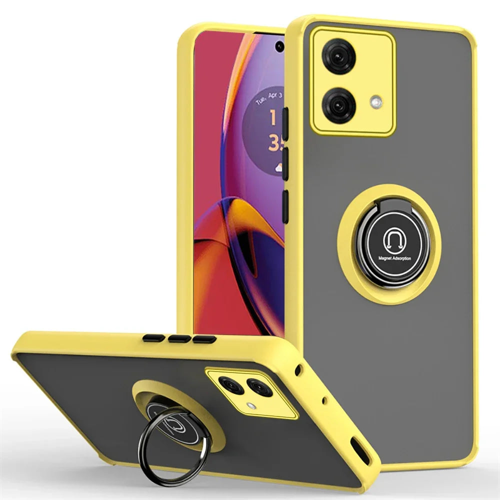 Moto G84/G54/G14 Hülle in Gelb mit mattem Rücken, Ring-Ständer und Ständer-Funktion, drei Ansichten
