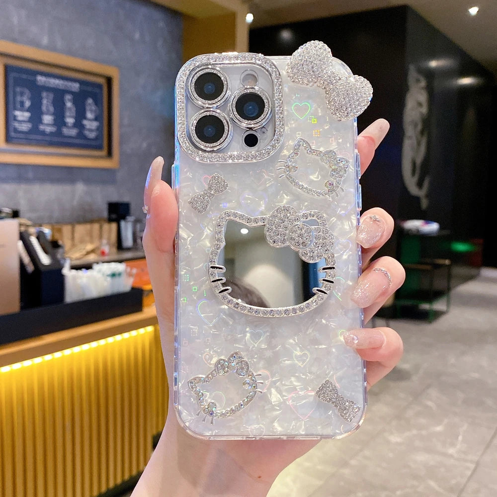 3D Cartoon-Kätzchen Hülle mit Spiegel & Glitzer – Stoßfest, Hart