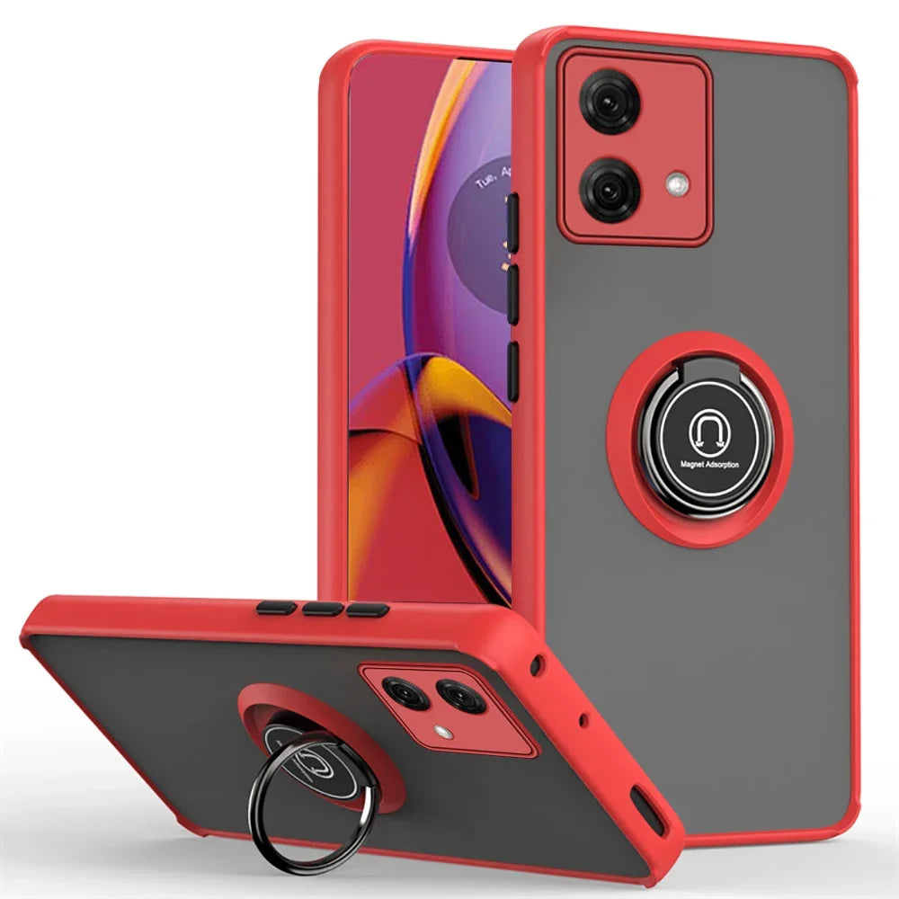 Moto G84/G54/G14 Hülle in Rot mit mattem grauem Rücken, schwarzen Tasten und drehbarem Metall-Fingerring als Ständer