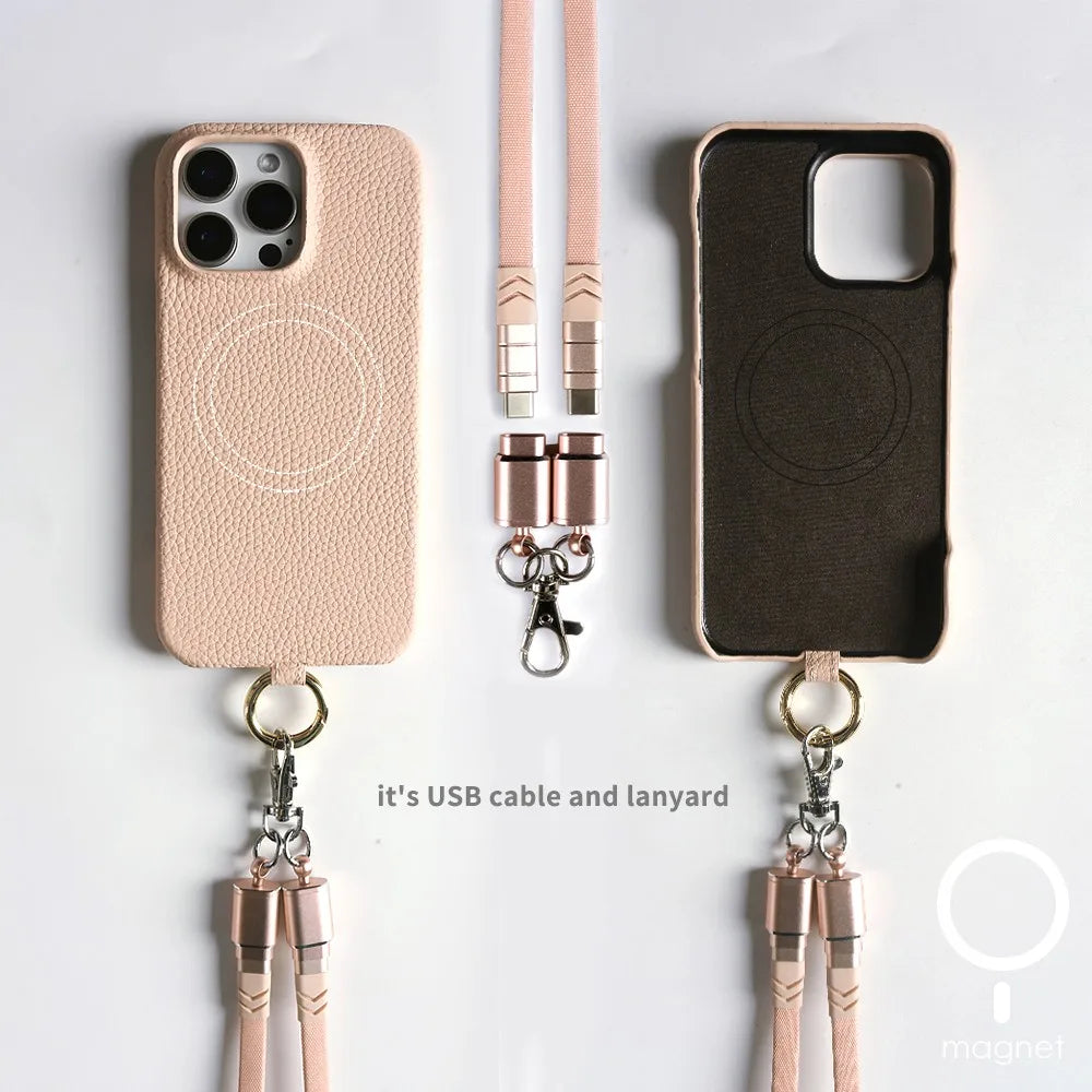 Echtleder Handyhülle mit USB-Ladekabel-Lanyard – Handgefertigt, Premium