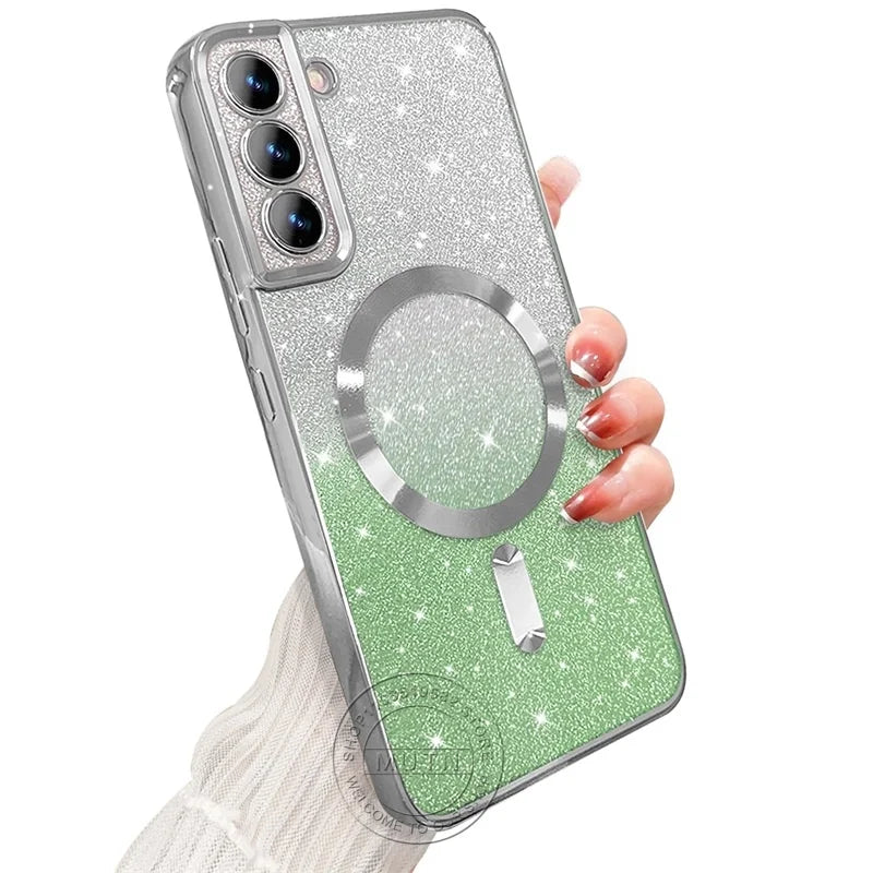 Glitzer Magnet-Hülle mit Kameraschutz – Transparent, Kabelloses Laden