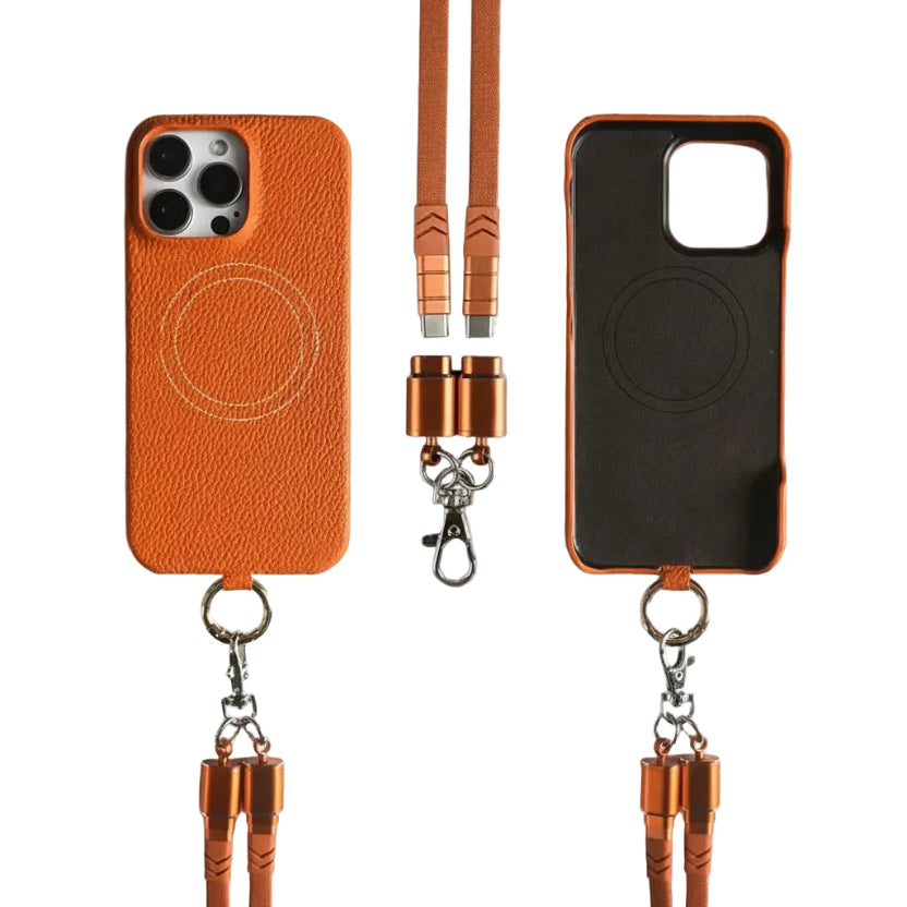 Echtleder Handyhülle mit USB-Ladekabel-Lanyard – Handgefertigt, Premium