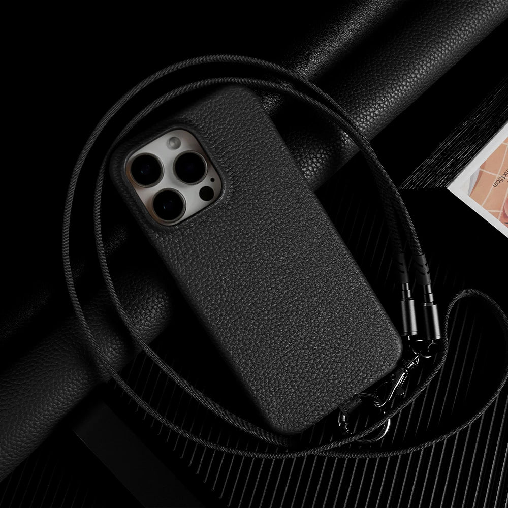 Echtleder Handyhülle mit USB-Ladekabel-Lanyard – Handgefertigt, Premium