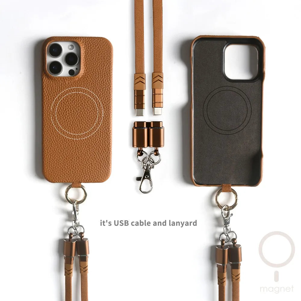 Echtleder Handyhülle mit USB-Ladekabel-Lanyard – Handgefertigt, Premium