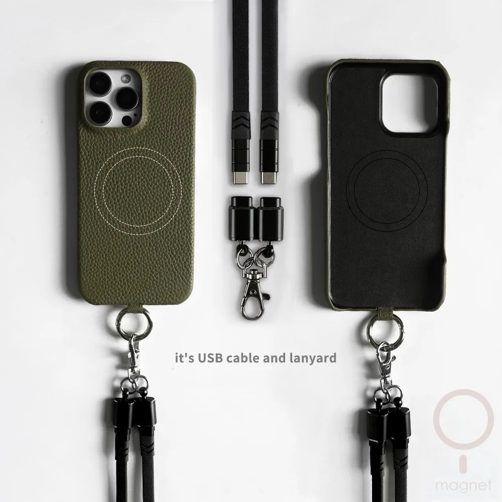 Echtleder Handyhülle mit USB-Ladekabel-Lanyard – Handgefertigt, Premium