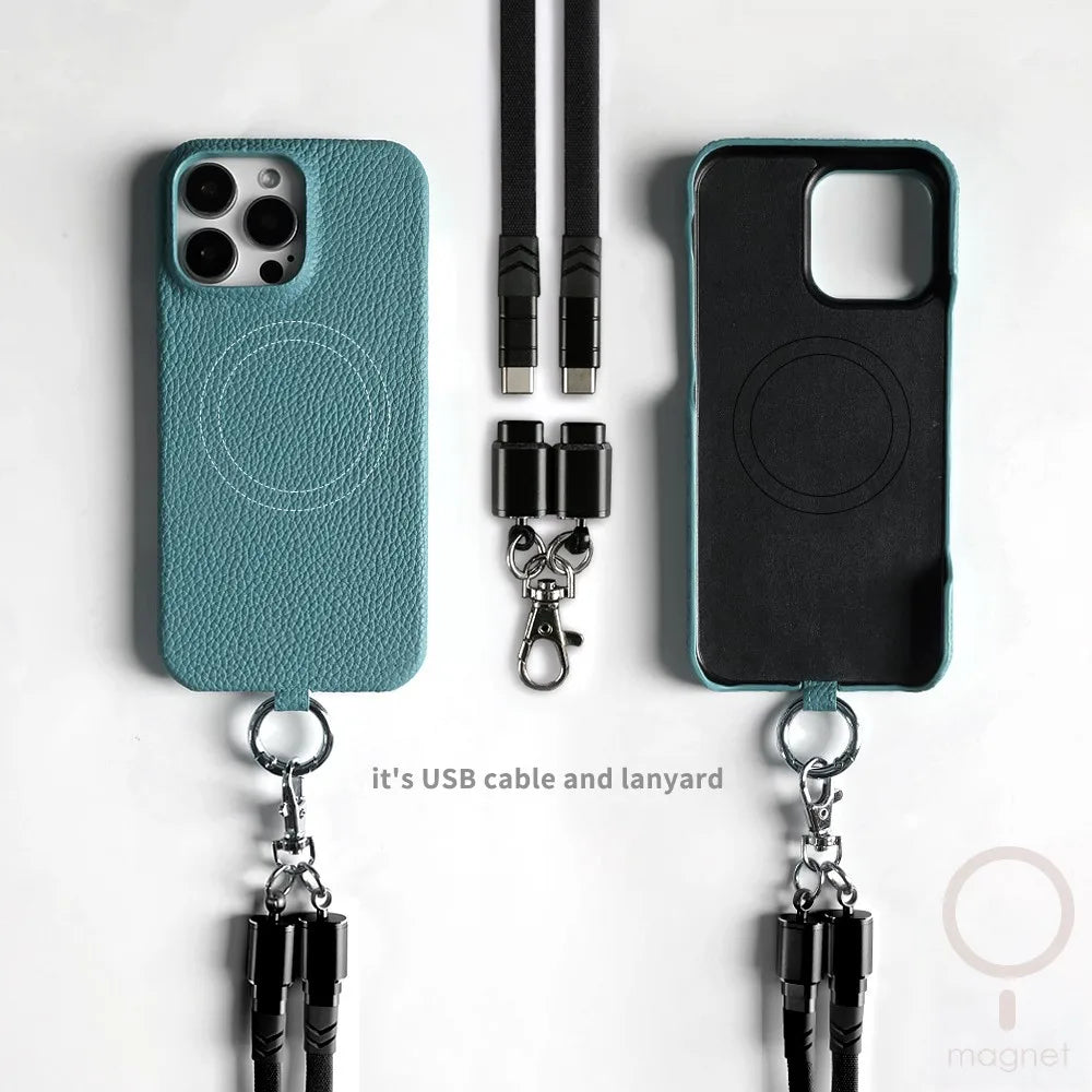 Echtleder Handyhülle mit USB-Ladekabel-Lanyard – Handgefertigt, Premium