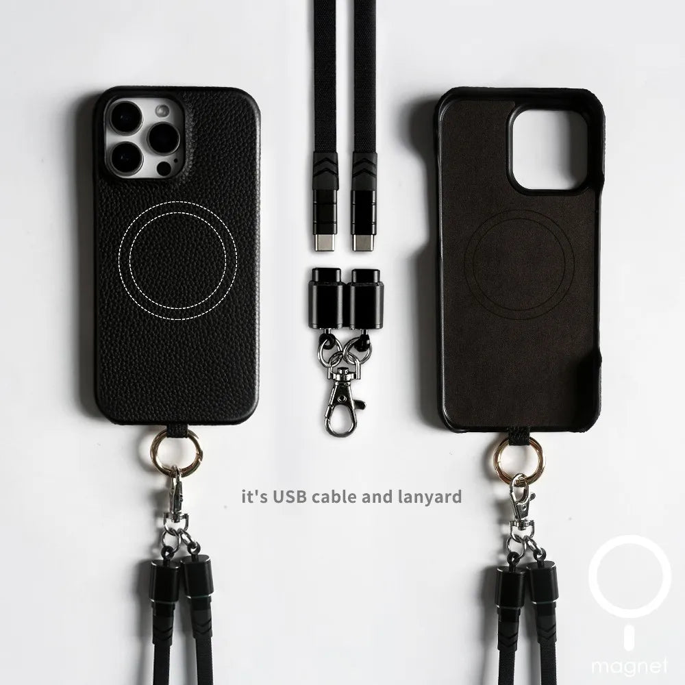 Echtleder Handyhülle mit USB-Ladekabel-Lanyard – Handgefertigt, Premium