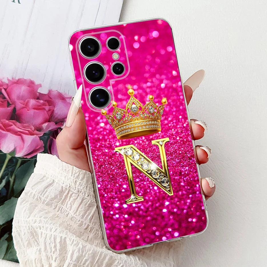Für Samsung Galaxy S25 Hülle – Buchstaben Krone Glitzer Design · N – Schwarz
