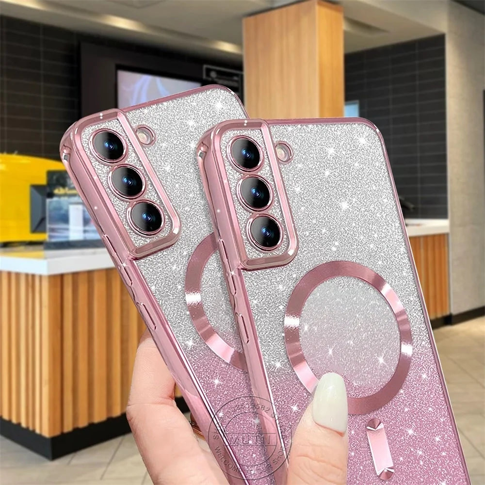 Glitzer Magnet-Hülle mit Kameraschutz – Transparent, Kabelloses Laden