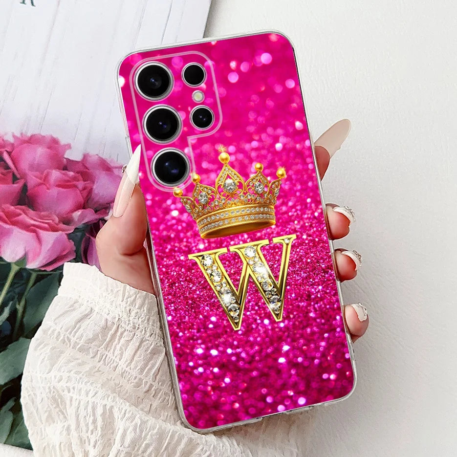 Für Samsung Galaxy S25 Hülle – Buchstaben Krone Glitzer Design · W – Schwarz