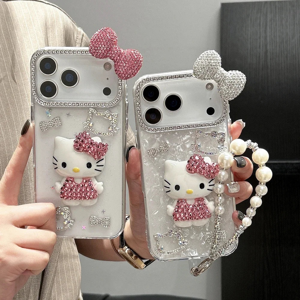 3D Kawaii Katzen Hülle iPhone 17 16 15 14 13 12 Glitzer Schleife Cute
