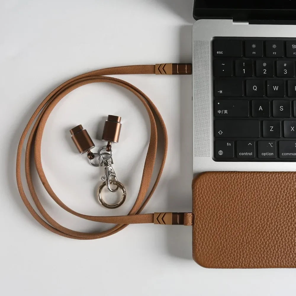 Echtleder Handyhülle mit USB-Ladekabel-Lanyard – Handgefertigt, Premium