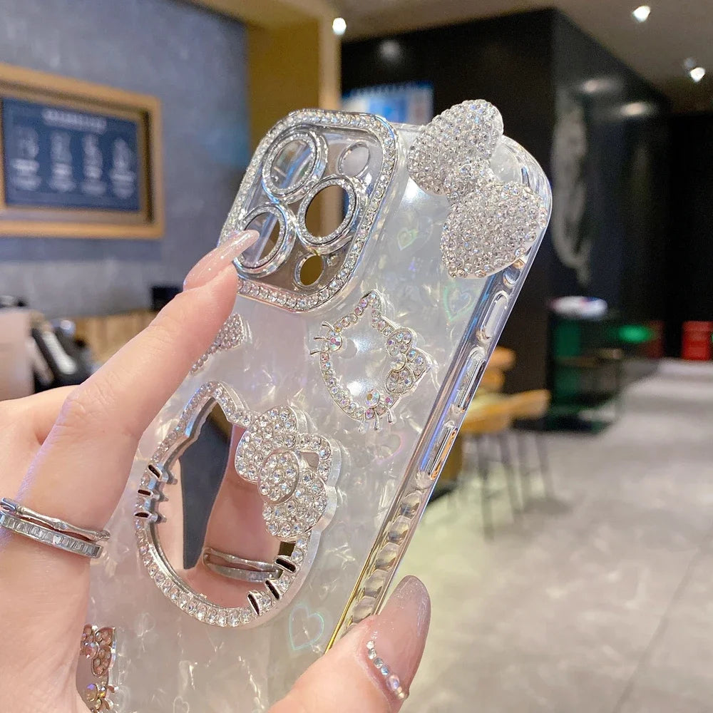 3D Cartoon-Kätzchen Hülle mit Spiegel & Glitzer – Stoßfest, Hart