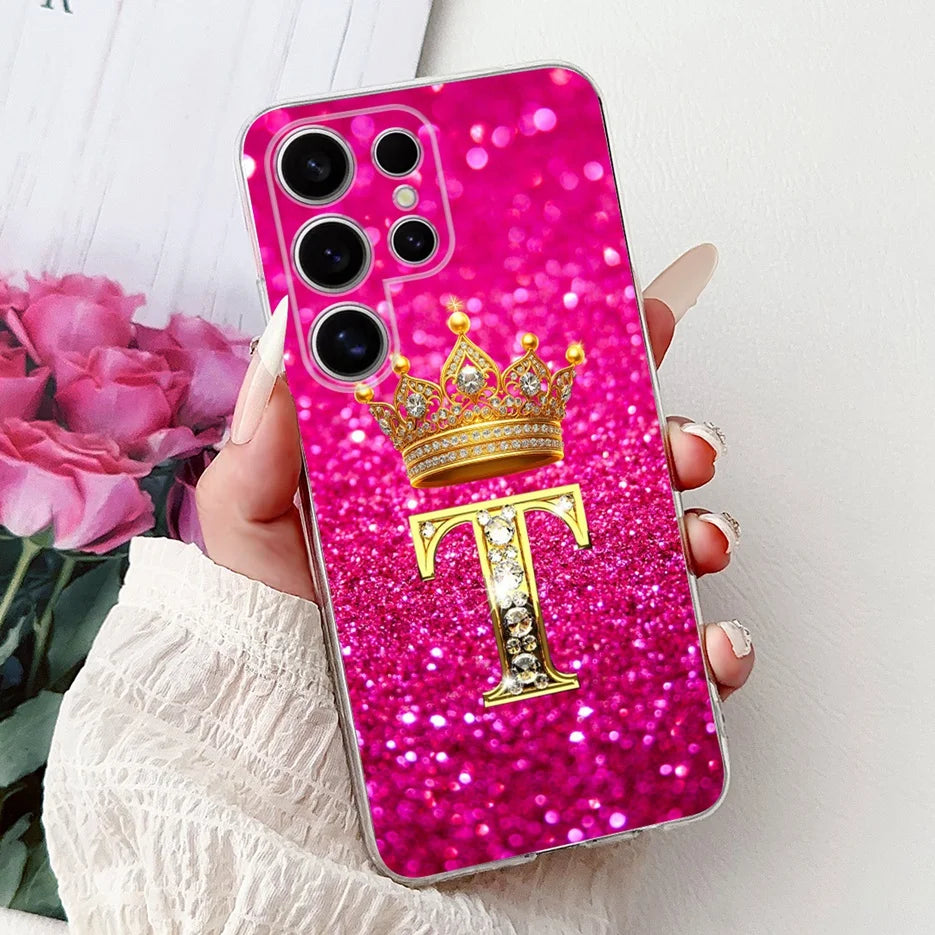 Für Samsung Galaxy S25 Hülle – Buchstaben Krone Glitzer Design · T – Schwarz