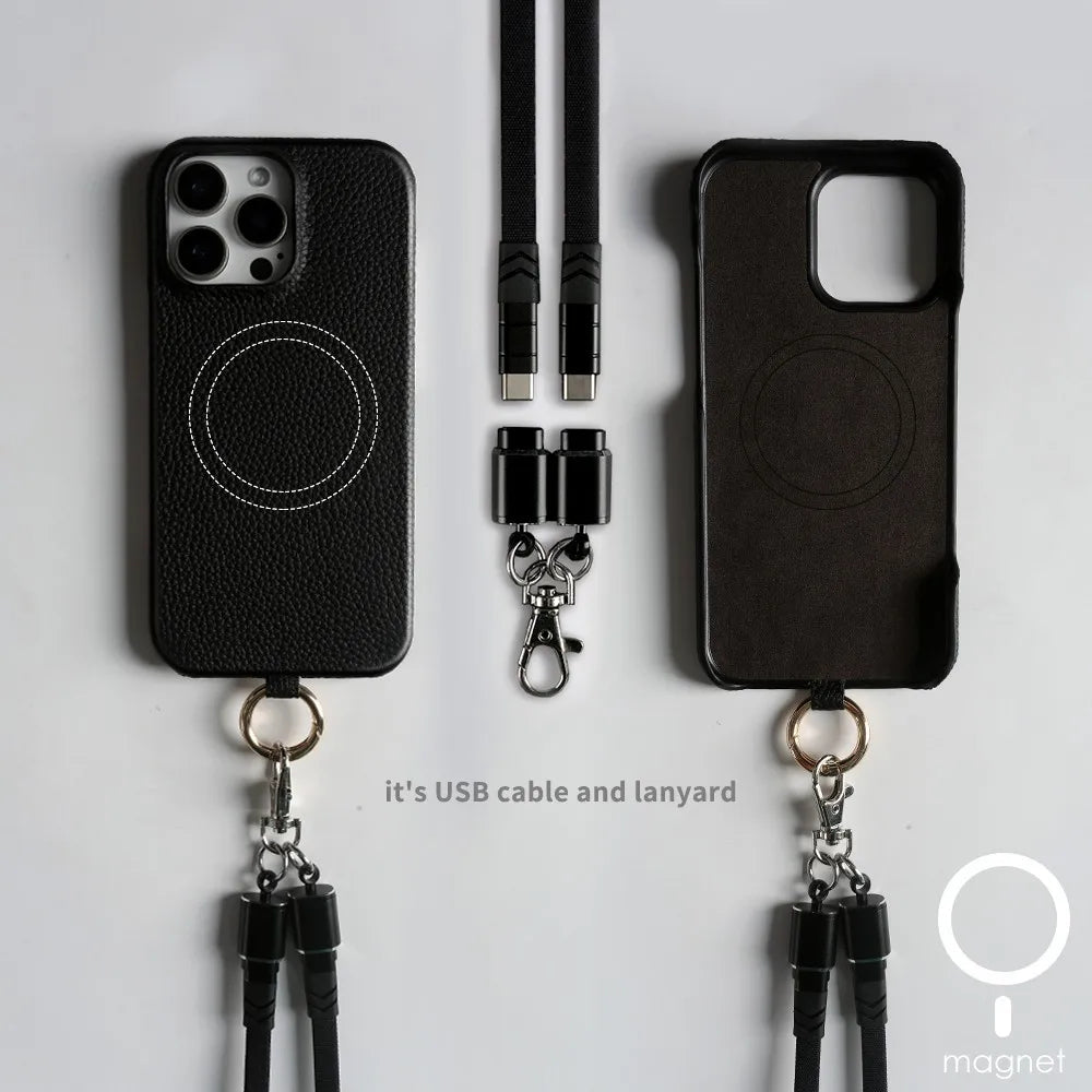 Echtleder Handyhülle mit USB-Ladekabel-Lanyard – Handgefertigt, Premium