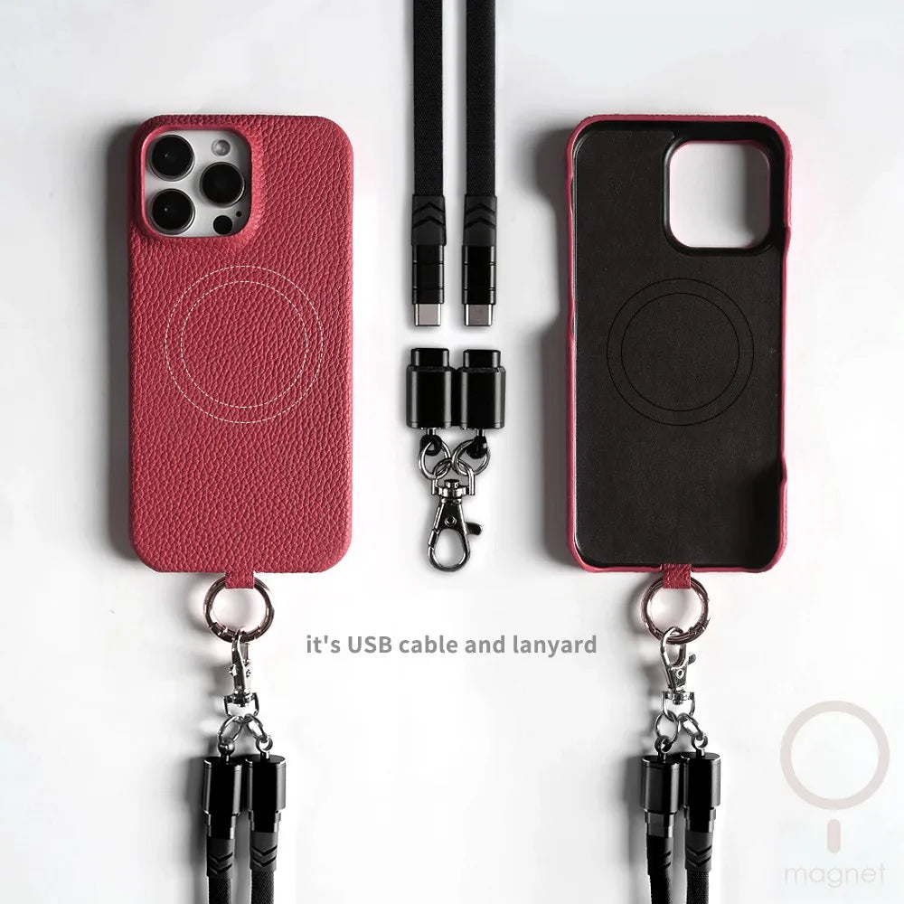 Echtleder Handyhülle mit USB-Ladekabel-Lanyard – Handgefertigt, Premium