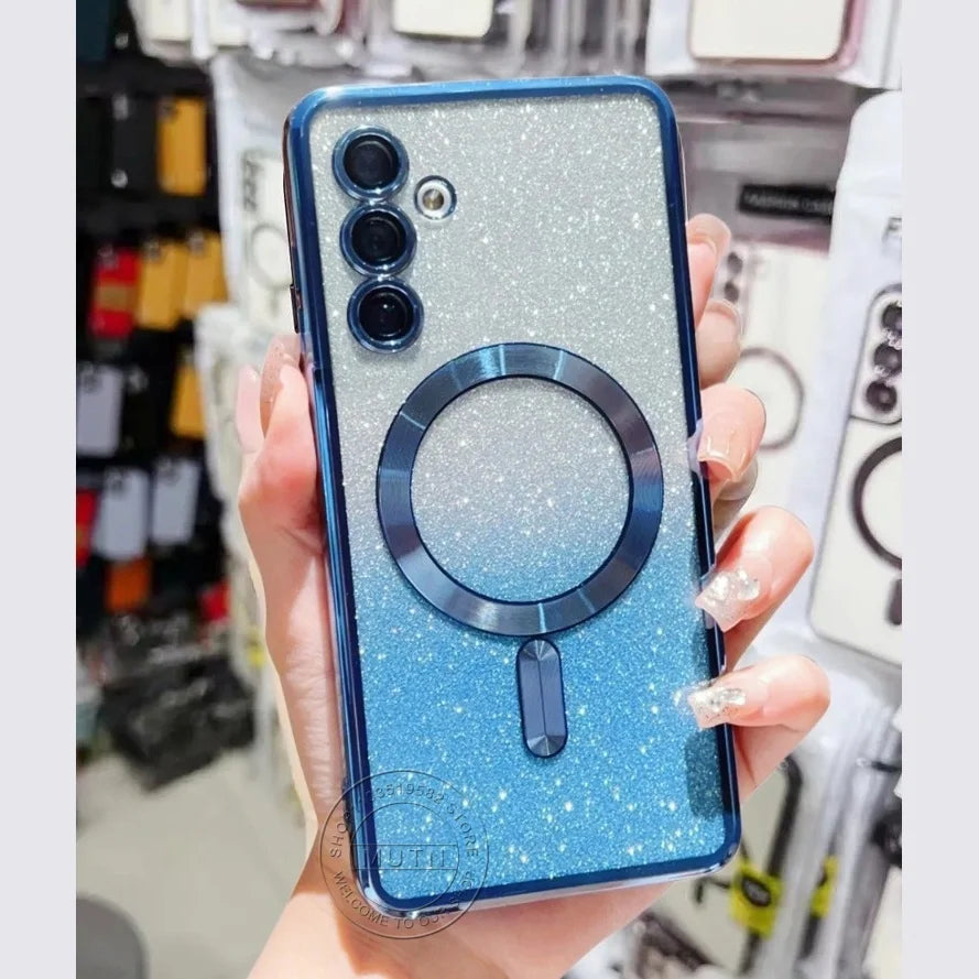 Glitzer Magnet-Hülle mit Kameraschutz – Transparent, Kabelloses Laden