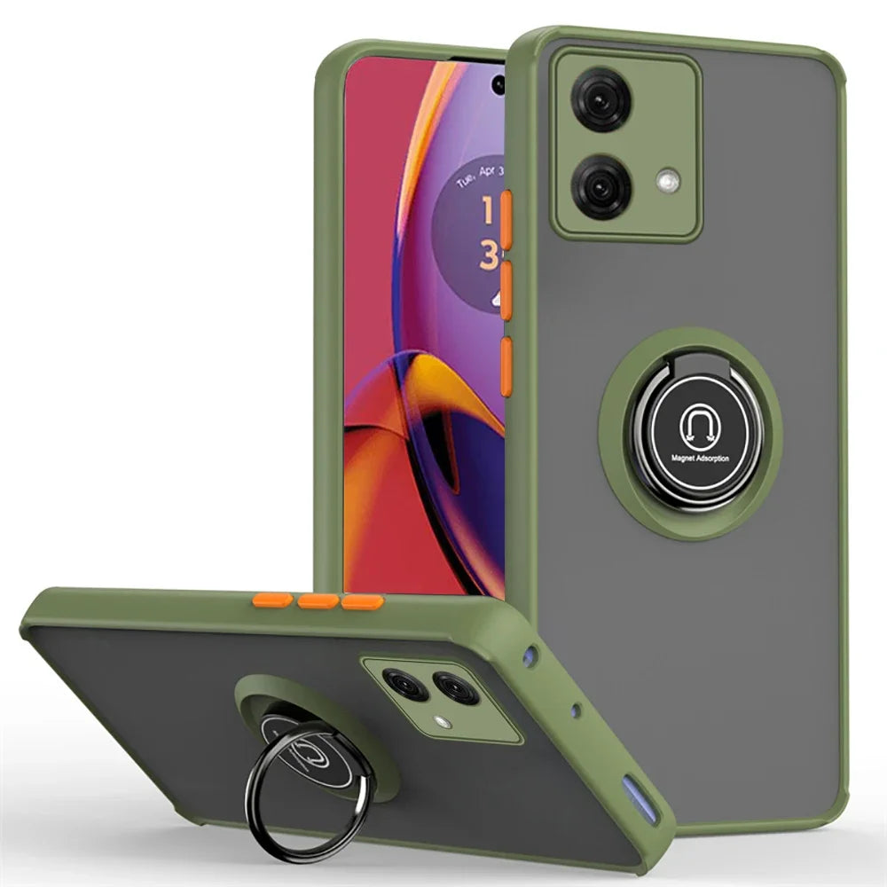 Moto G84/G54/G14 Hülle in Olivgrün mit orangefarbenen Tasten, Ring-Ständer und Ständer-Funktion, drei Ansichten
