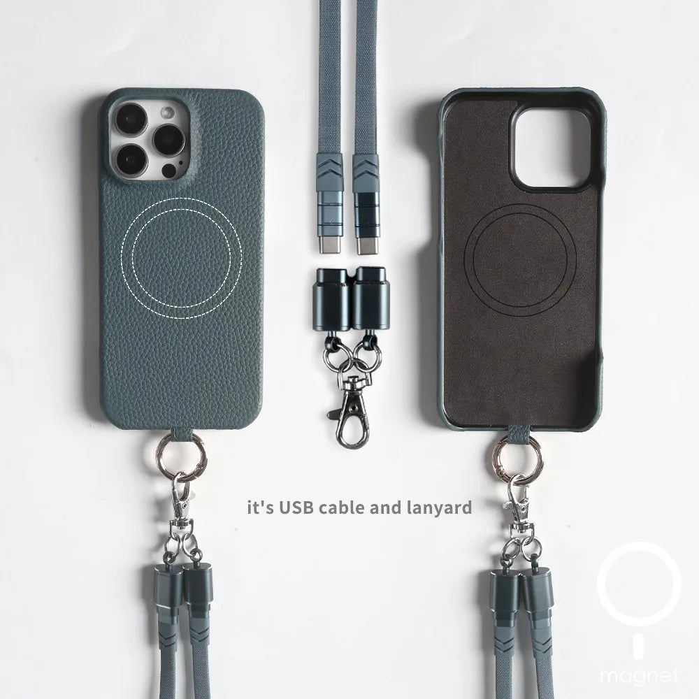 Echtleder Handyhülle mit USB-Ladekabel-Lanyard – Handgefertigt, Premium