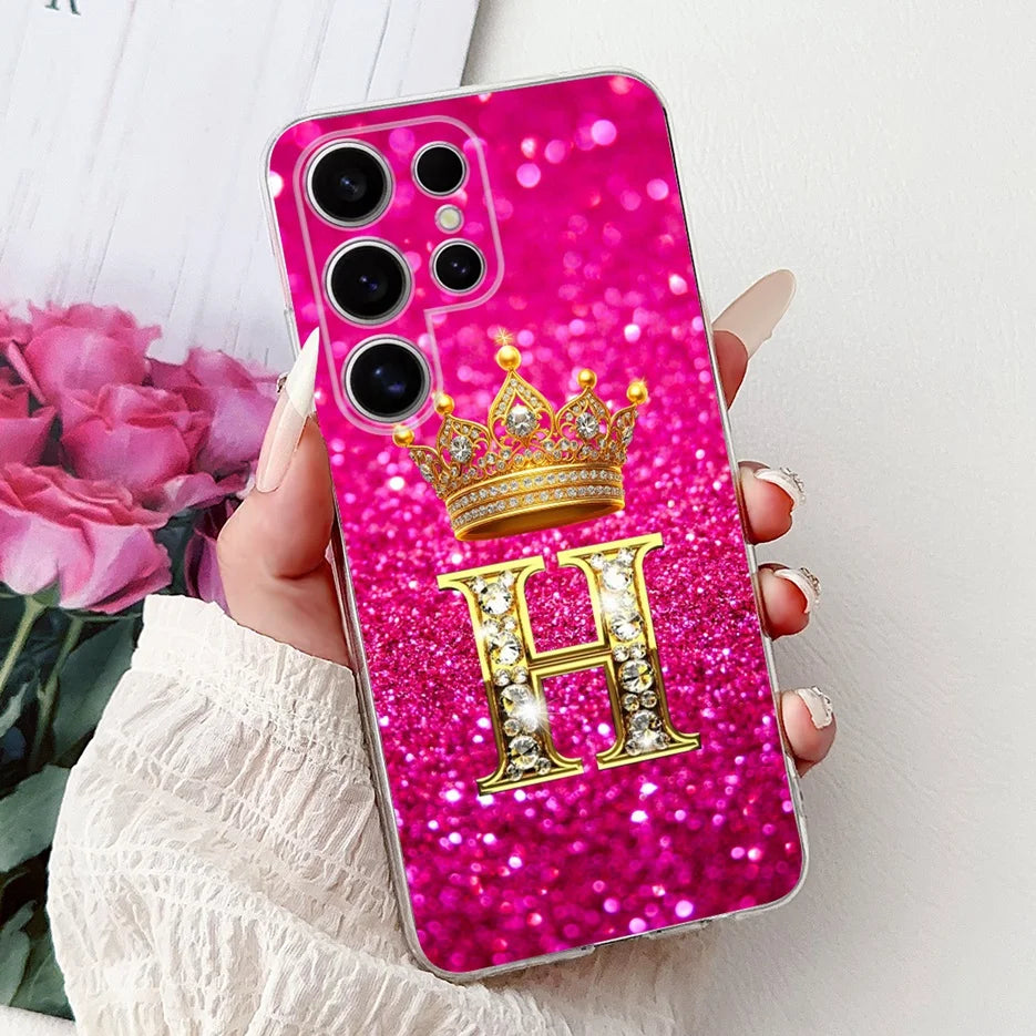 Für Samsung Galaxy S25 Hülle – Buchstaben Krone Glitzer Design · H – Schwarz