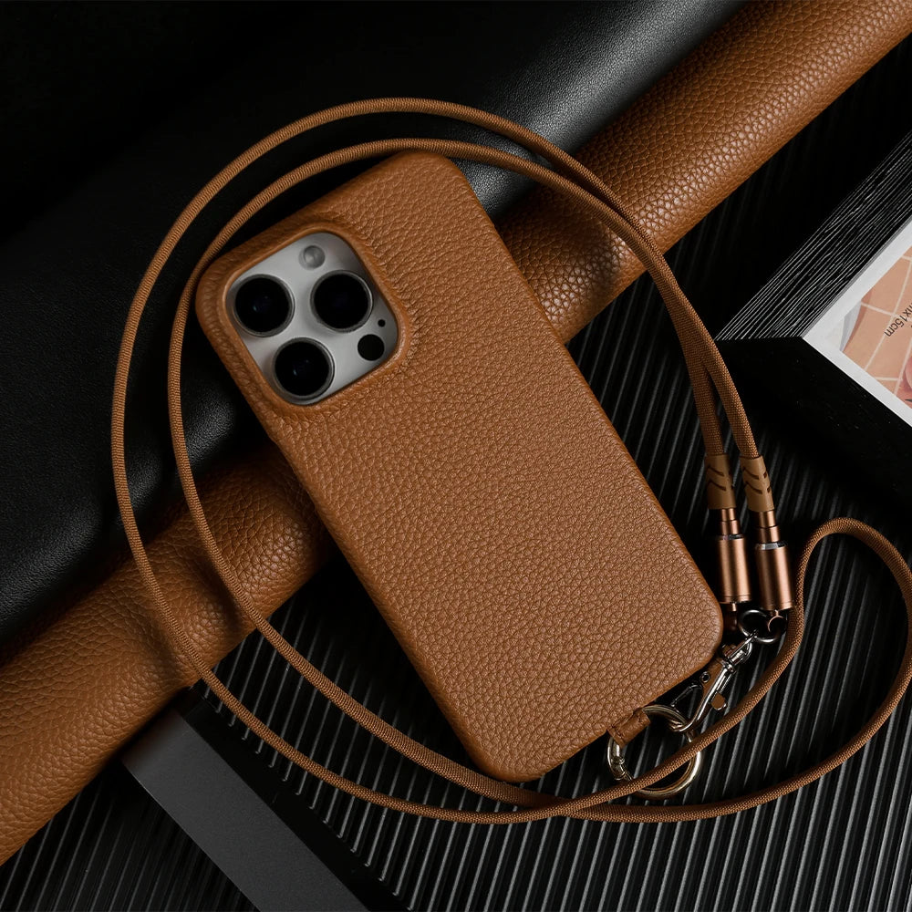 Echtleder Handyhülle mit USB-Ladekabel-Lanyard – Handgefertigt, Premium