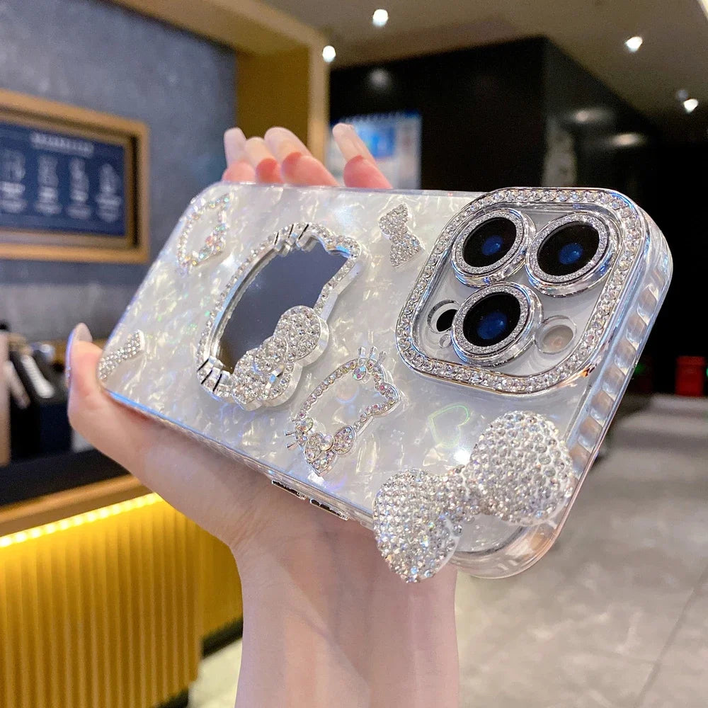 3D Cartoon-Kätzchen Hülle mit Spiegel & Glitzer – Stoßfest, Hart