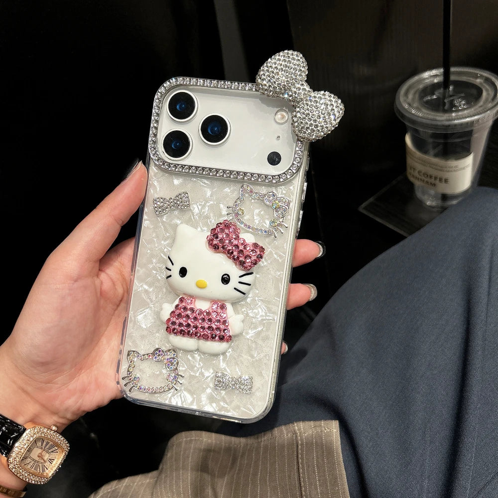 3D Kawaii Katzen Hülle für iPhone 17 16 15 14 13 12 Glitzer Schleife Cute