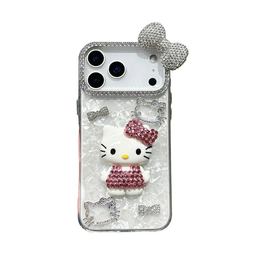 3D Kawaii Katzen Hülle für iPhone 17 16 15 14 13 12 Glitzer Schleife Cute