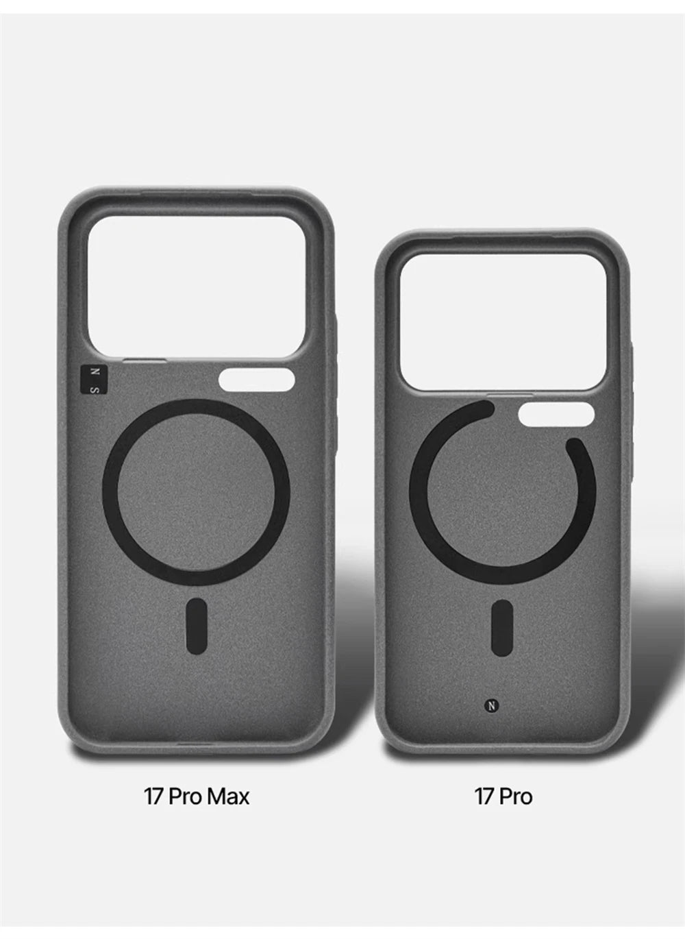 Zwei graue matte Silikonhüllen im Größenvergleich: 17 Pro Max (links) und 17 Pro (rechts), je mit eingebautem Magnetring