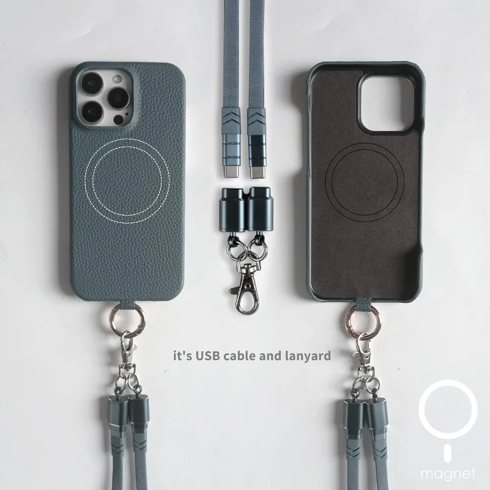 Echtleder Handyhülle mit USB-Ladekabel-Lanyard – Handgefertigt, Premium