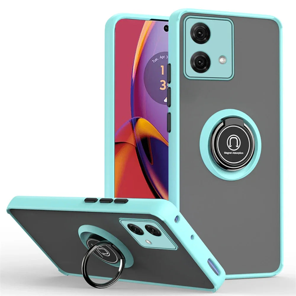 Moto G84/G54/G14 Hülle in Türkis mit mattem Rücken, Ring-Ständer und Ständer-Funktion, drei Ansichten