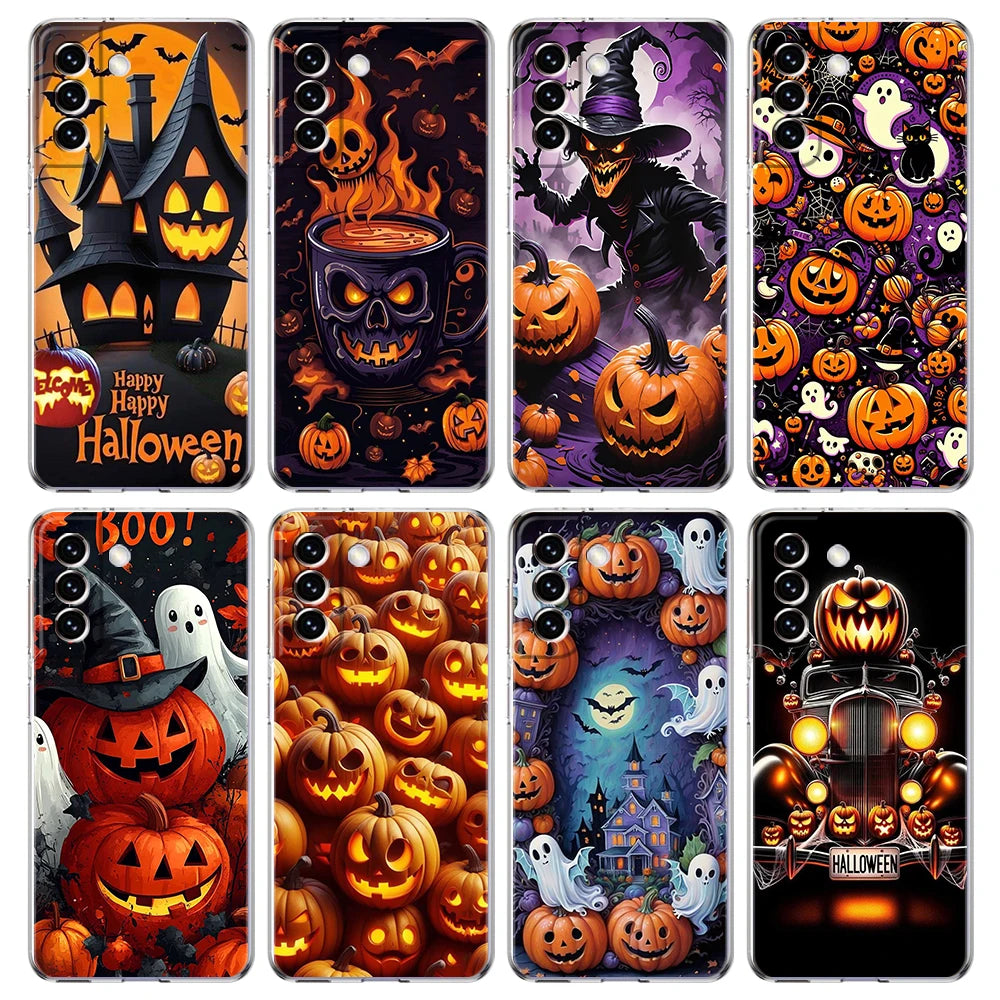 Collage aus 8 Halloween TPU-Handyhüllen für Samsung Galaxy mit Motiven: Geisterhaus, Totenkopf-Tasse, Hexe, Kürbisse, Geister